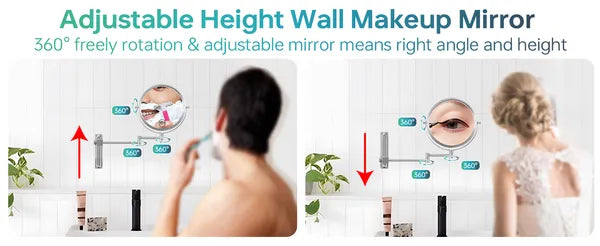 8-inch Wall Mounted Makeup Vanity Mirror, Height Adjustable, 1X / 10X Magnification Mirror, 360° Swivel with Extension Arm