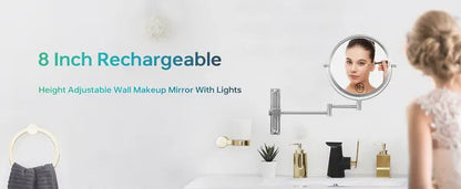 8-inch Wall Mounted Makeup Vanity Mirror, Height Adjustable, 1X / 10X Magnification Mirror, 360° Swivel with Extension Arm