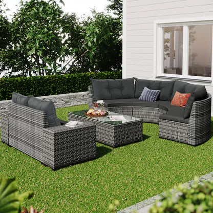 8-pieces Outdoor Wicker Round Sofa Set;  Half-Moon Sectional Sets All Weather;  Curved Sofa Set With Rectangular Coffee Table;  PE Rattan Water-resistant and UV Protected;  Movable Cushion