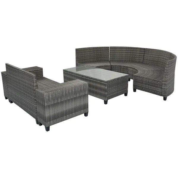 8-pieces Outdoor Wicker Round Sofa Set;  Half-Moon Sectional Sets All Weather;  Curved Sofa Set With Rectangular Coffee Table;  PE Rattan Water-resistant and UV Protected;  Movable Cushion