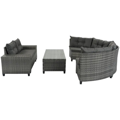 8-pieces Outdoor Wicker Round Sofa Set;  Half-Moon Sectional Sets All Weather;  Curved Sofa Set With Rectangular Coffee Table;  PE Rattan Water-resistant and UV Protected;  Movable Cushion