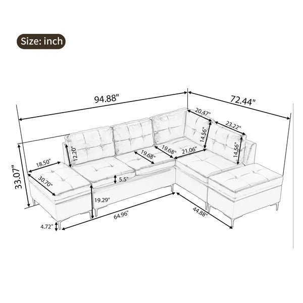 94.88" L-Shaped Corner Sofa Pu Leather Sectional Sofa Couch with Movable Storage Ottomans for Living Room