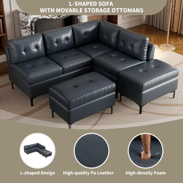 94.88" L-Shaped Corner Sofa Pu Leather Sectional Sofa Couch with Movable Storage Ottomans for Living Room