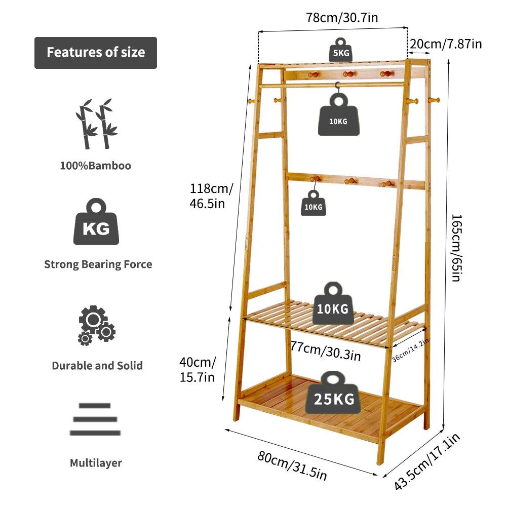 Bamboo Garment Coat Clothes Hanging Heavy Duty Rack with top shelf