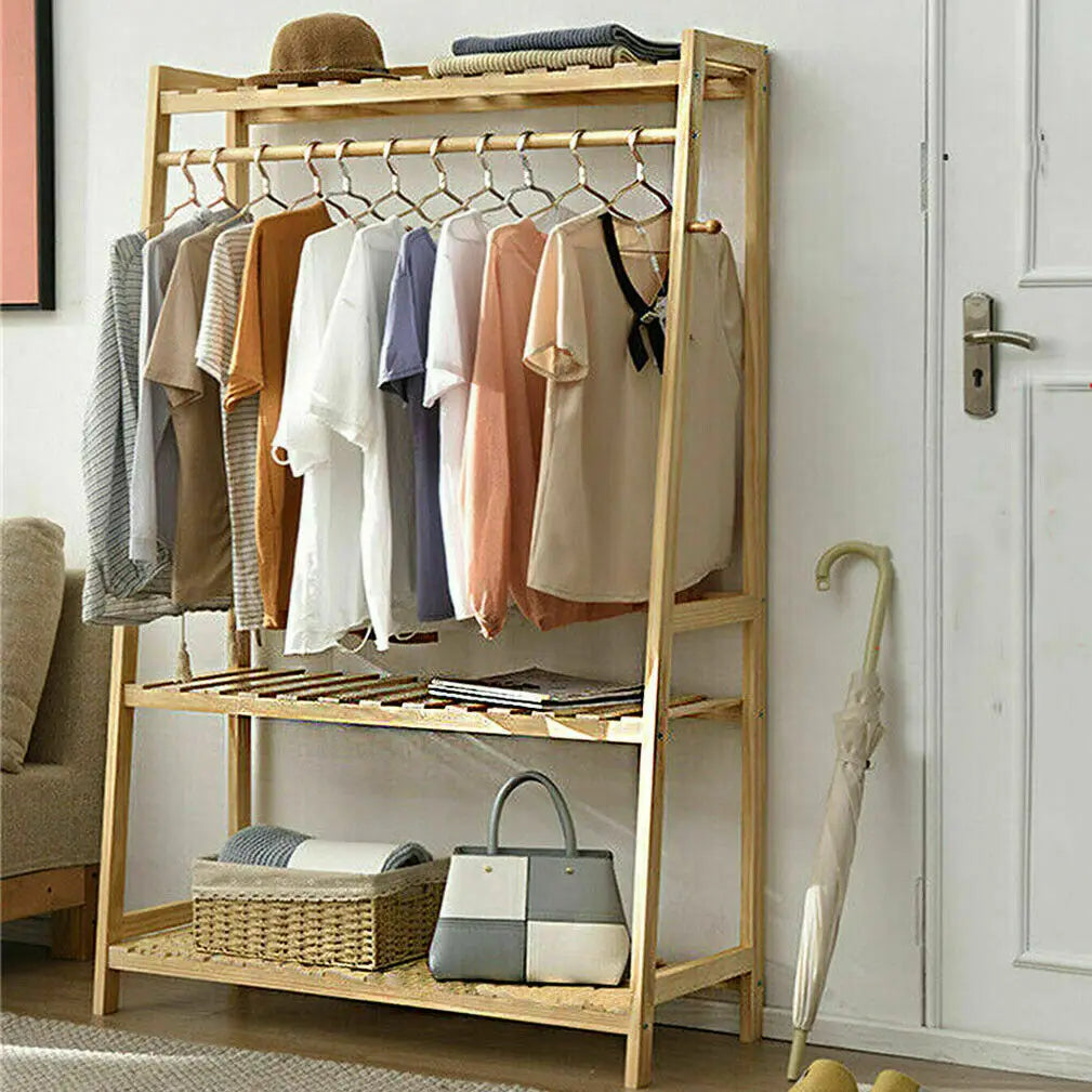 Bamboo Garment Coat Clothes Hanging Heavy Duty Rack with top shelf