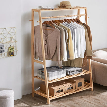 Bamboo Garment Coat Clothes Hanging Heavy Duty Rack with top shelf