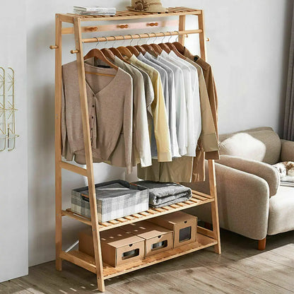 Bamboo Garment Coat Clothes Hanging Heavy Duty Rack with top shelf