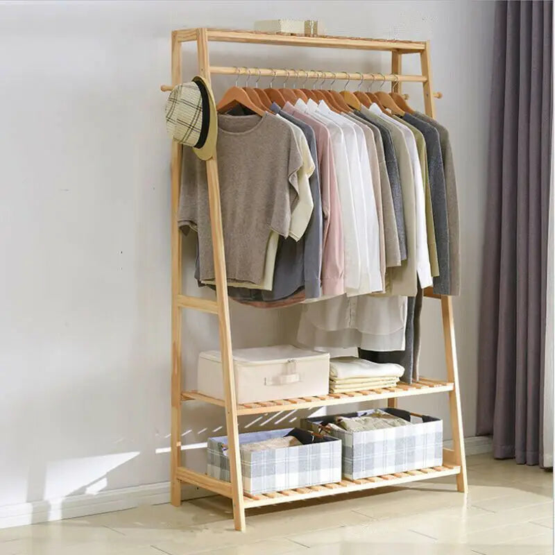 Bamboo Garment Coat Clothes Hanging Heavy Duty Rack with top shelf