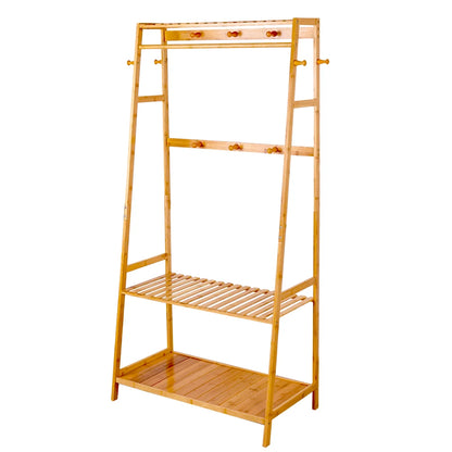 Bamboo Garment Coat Clothes Hanging Heavy Duty Rack with top shelf