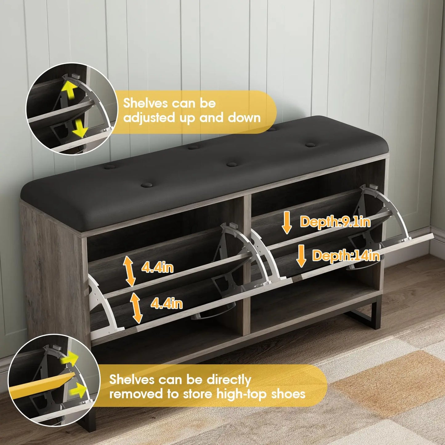 Vabches Shoe Storage Bench with 2 Flip Drawers & Coat Rack Wooden Shoe