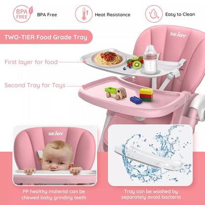 SEJOY Baby High Chair Infants Folding Convertible Removable Tray Adjustable