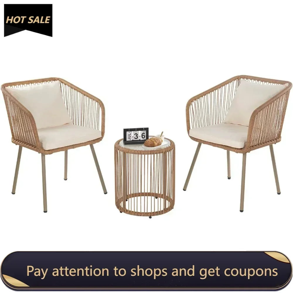 3-Piece Outdoor PE Bistro Furniture Set Patio Rattan Conversation