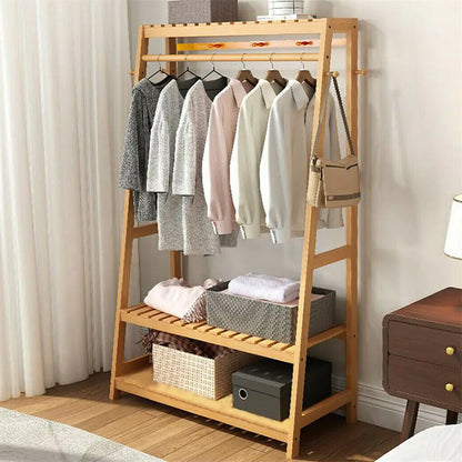 Bamboo Garment Coat Clothes Hanging Heavy Duty Rack with top shelf