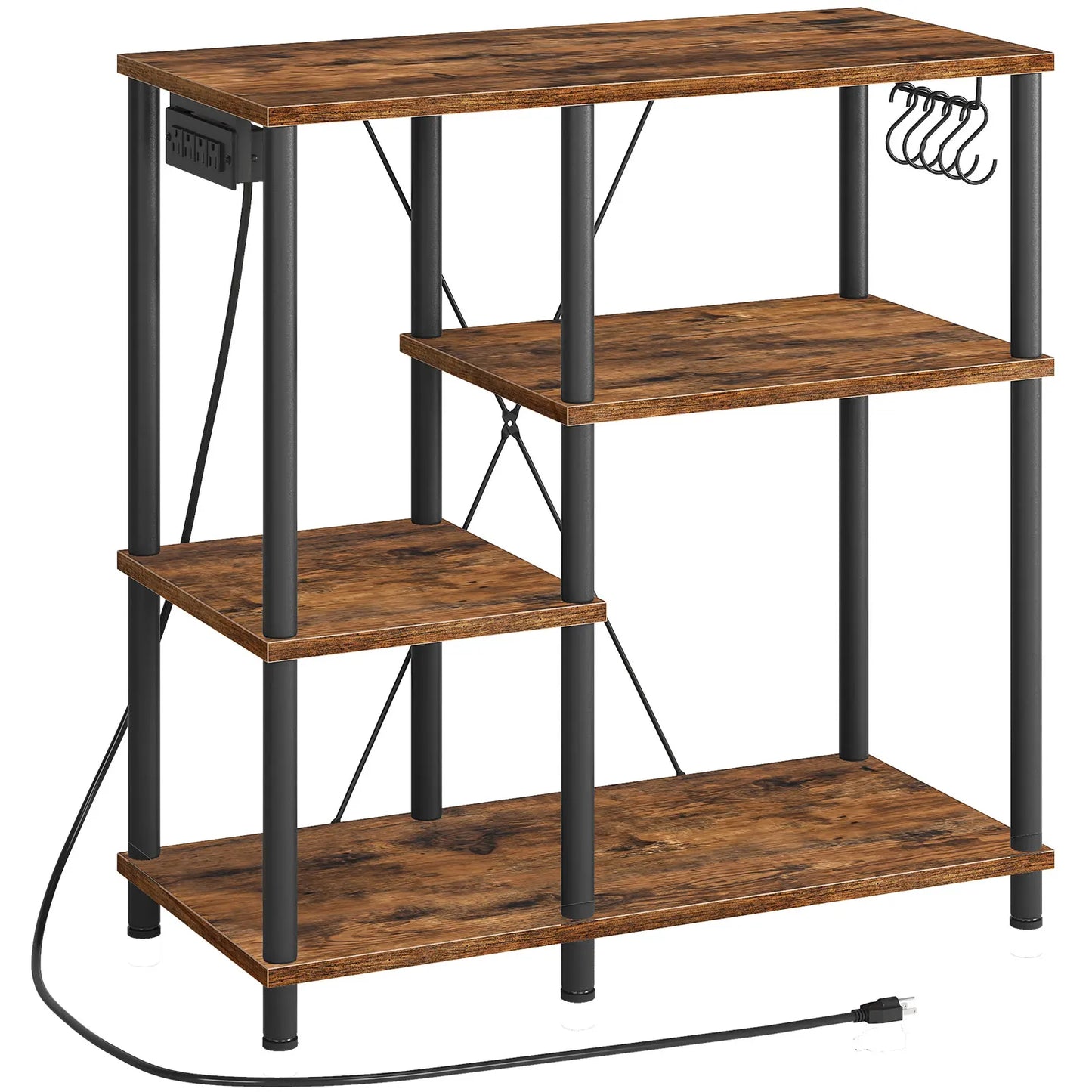 Bakers Rack with Power Outlet, Microwave Stand with 5 S-Shaped Hooks