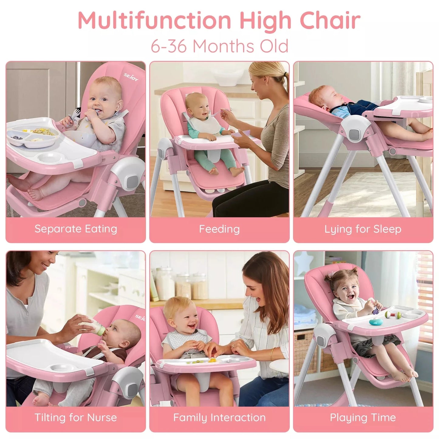 SEJOY Baby High Chair Infants Folding Convertible Removable Tray Adjustable