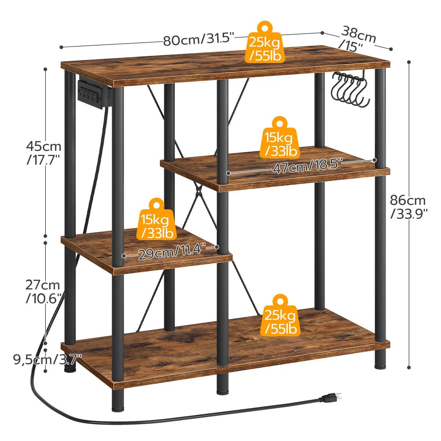 Bakers Rack with Power Outlet, Microwave Stand with 5 S-Shaped Hooks