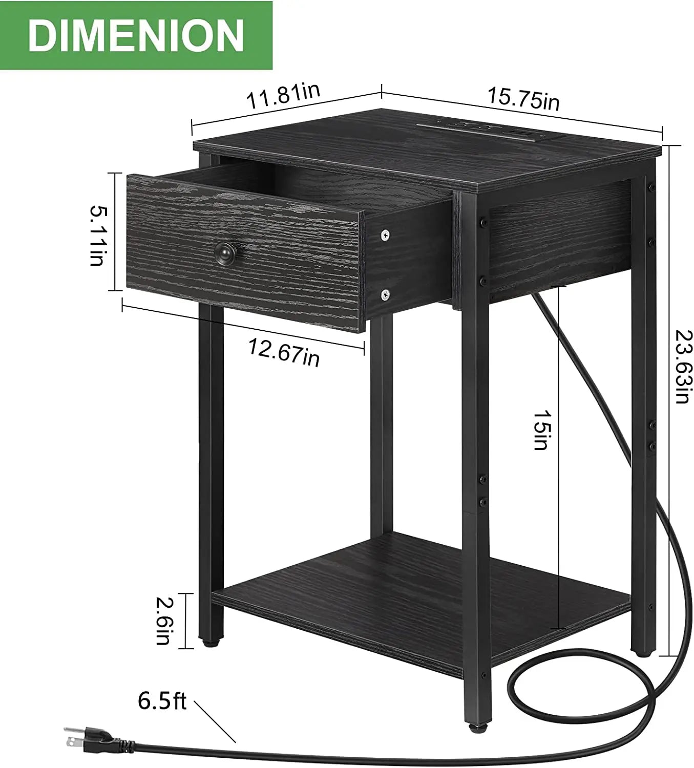 Bedside table with row plug hanging drawer - three USB versions