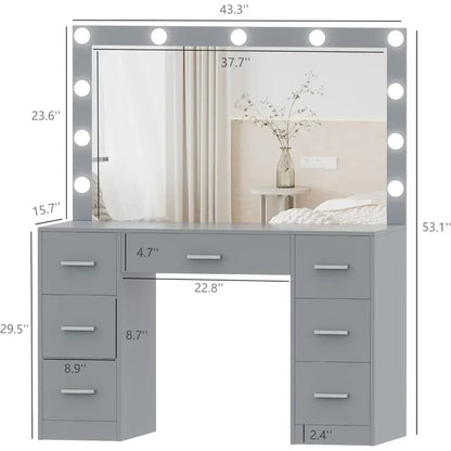 Vanity Desk, Lighted Mirror, 3 Color Lighting Modes, Dressing Table