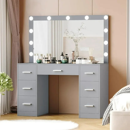 Vanity Desk, Lighted Mirror, 3 Color Lighting Modes, Dressing Table