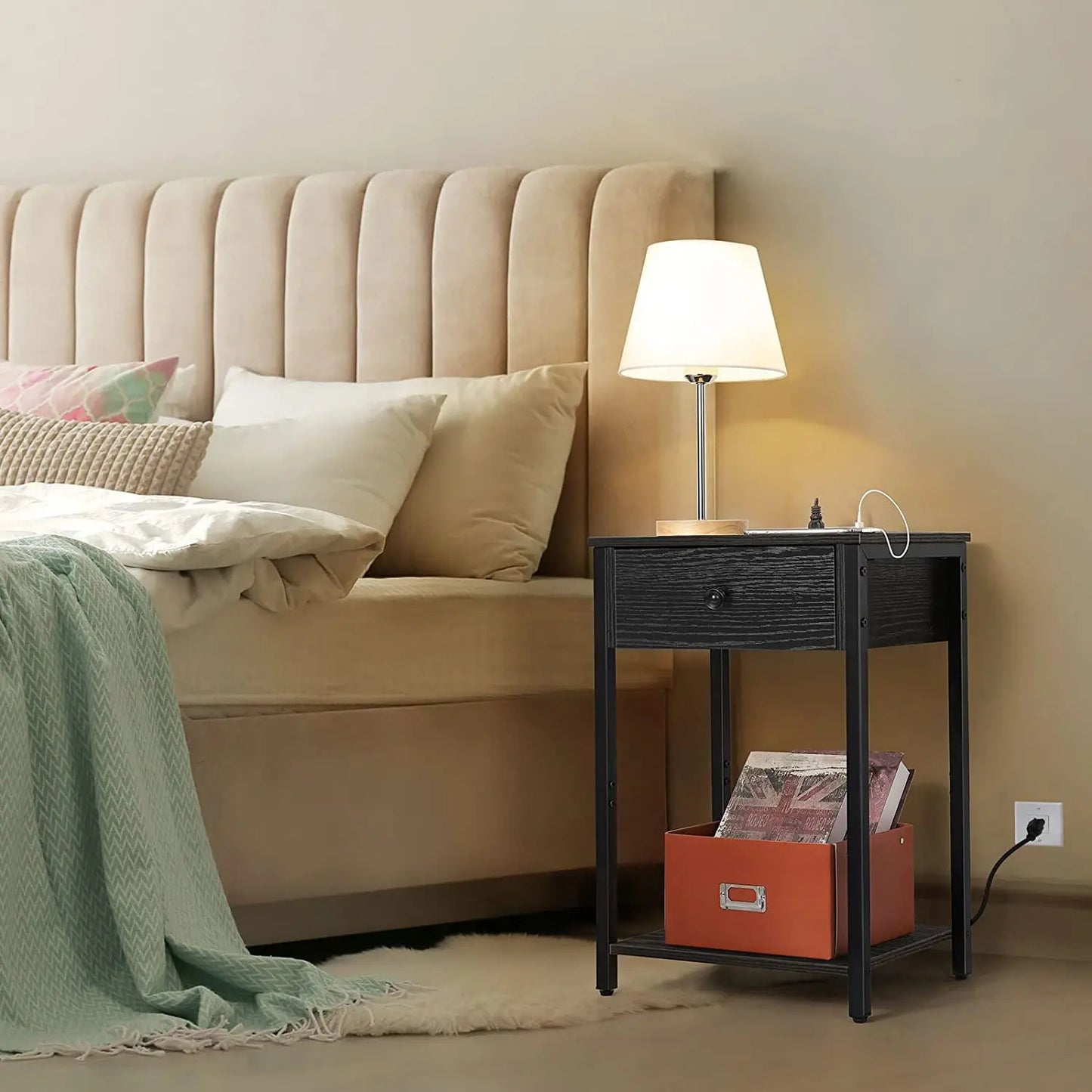 Bedside table with row plug hanging drawer - three USB versions