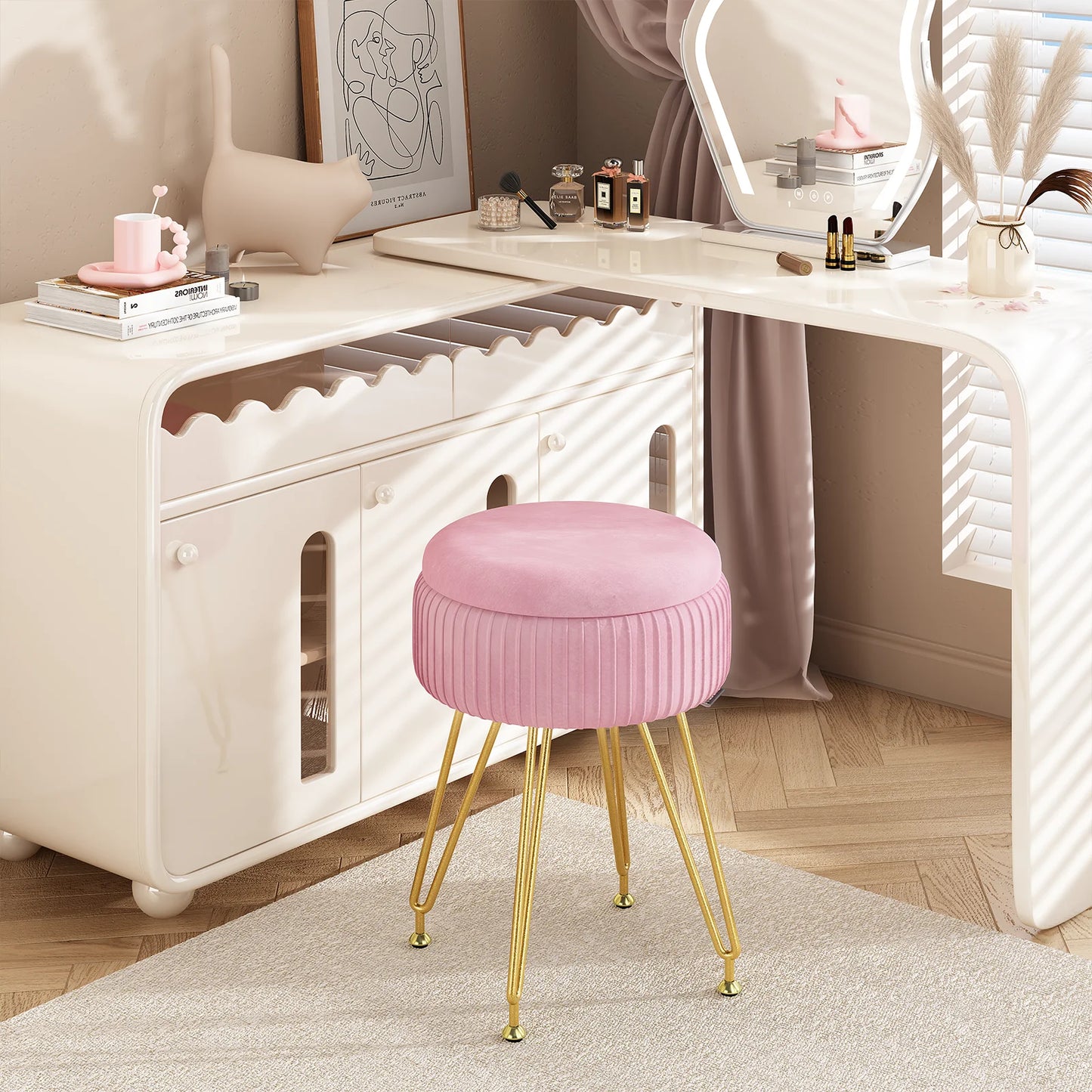 Redlife Velvet Vanity Stool Chair with Storage Multifunctional Makeup