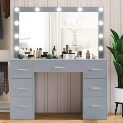 Vanity Desk, Lighted Mirror, 3 Color Lighting Modes, Dressing Table