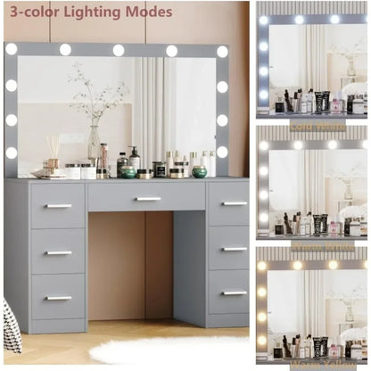 Vanity Desk, Lighted Mirror, 3 Color Lighting Modes, Dressing Table