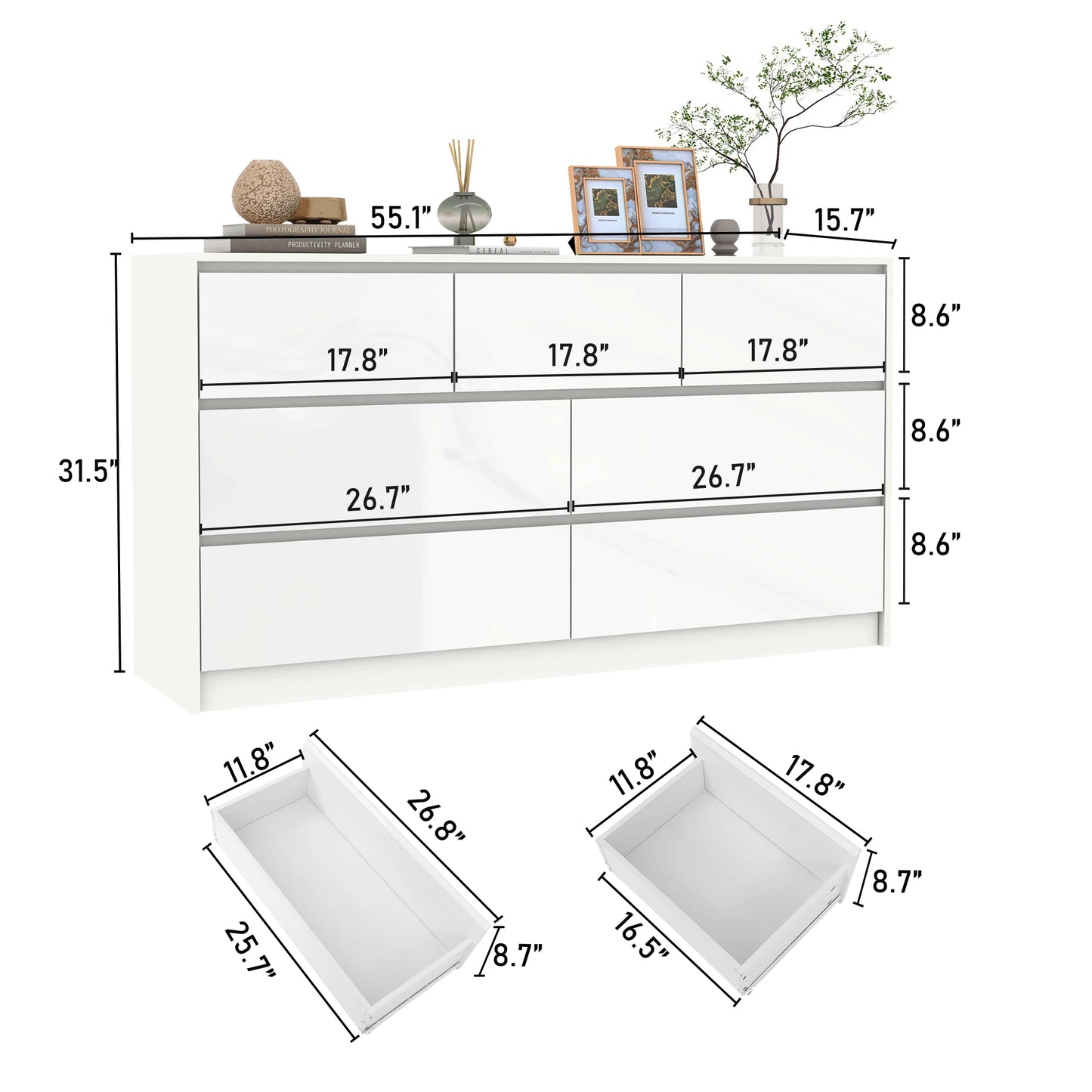 7 Drawer Dresser for Bedroom, 55 Inch Modern Dresser with High