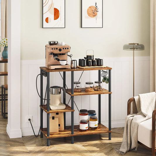 Bakers Rack with Power Outlet, Microwave Stand with 5 S-Shaped Hooks