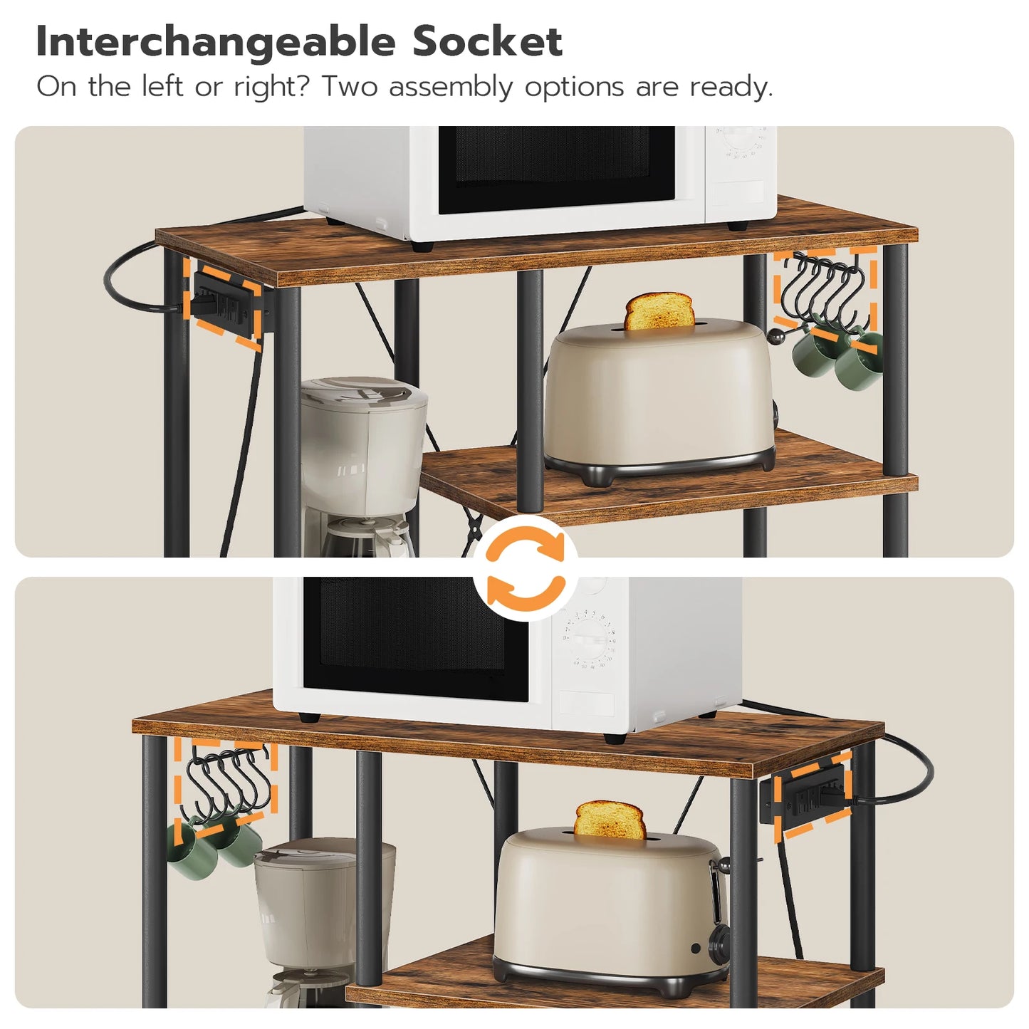 Bakers Rack with Power Outlet, Microwave Stand with 5 S-Shaped Hooks