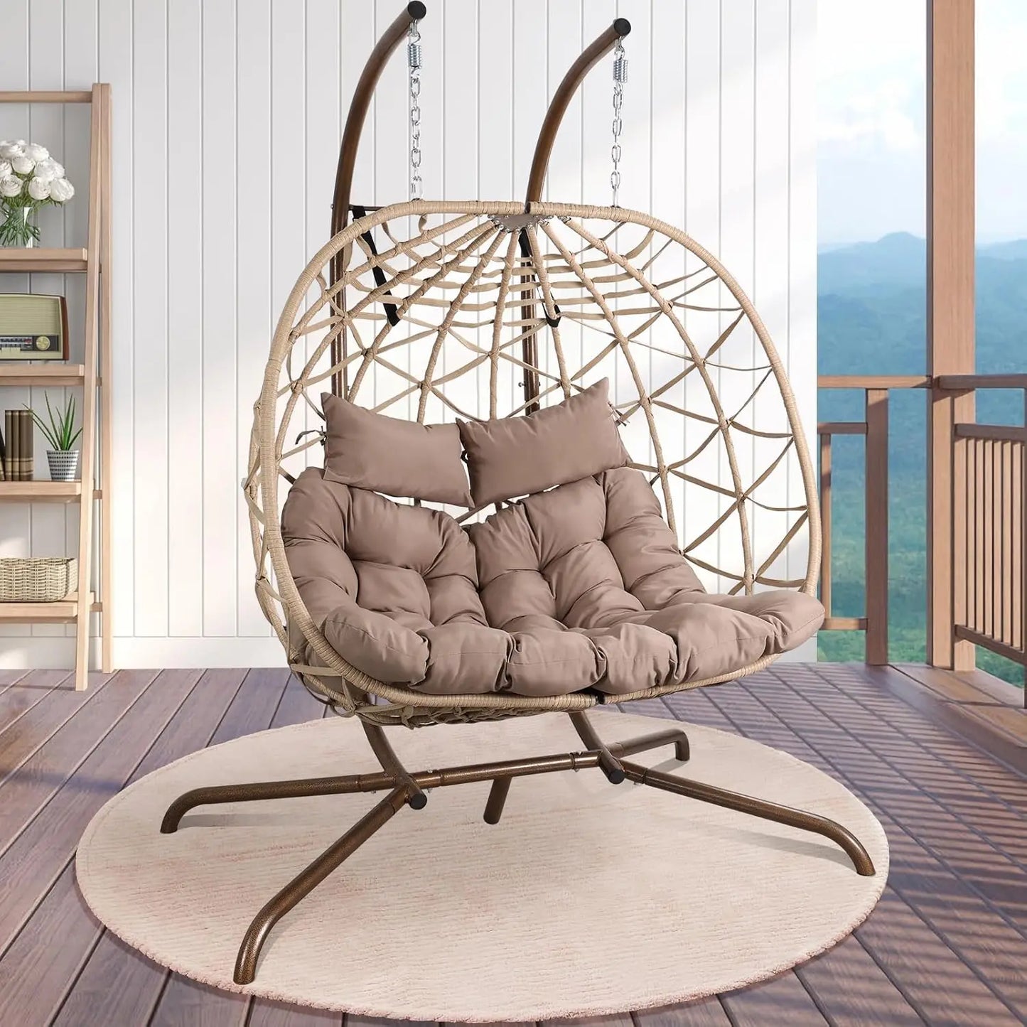 Outdoor Egg Swing Chair with Stand, 2 Person Patio Swing Chairs with