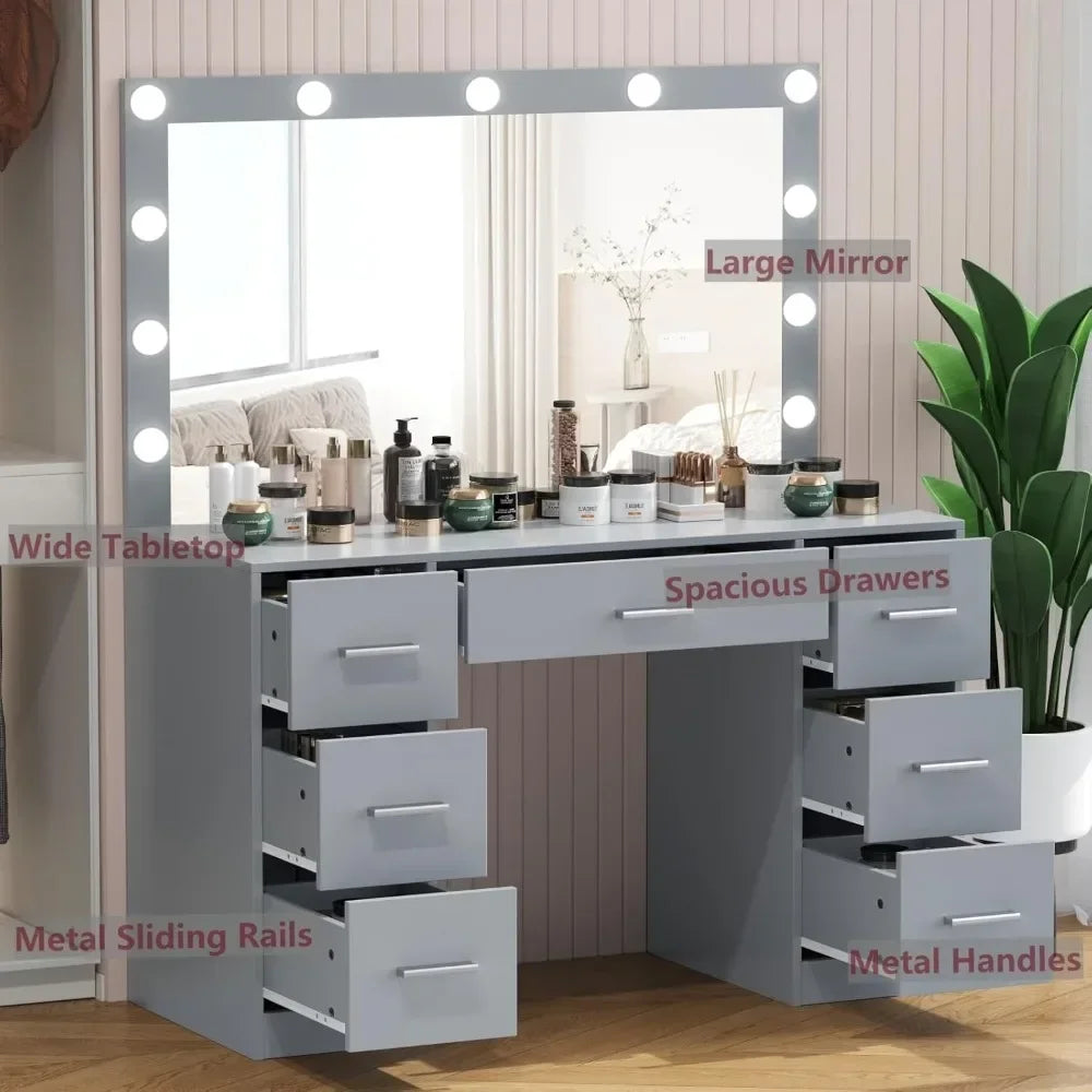 Vanity Desk, Lighted Mirror, 3 Color Lighting Modes, Dressing Table