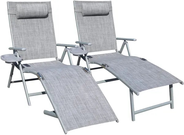 Aluminum Outdoor Folding Reclining Adjustable Patio Chaise Lounge Chair with Pillow for Poolside Backyard and Beach Set of 2