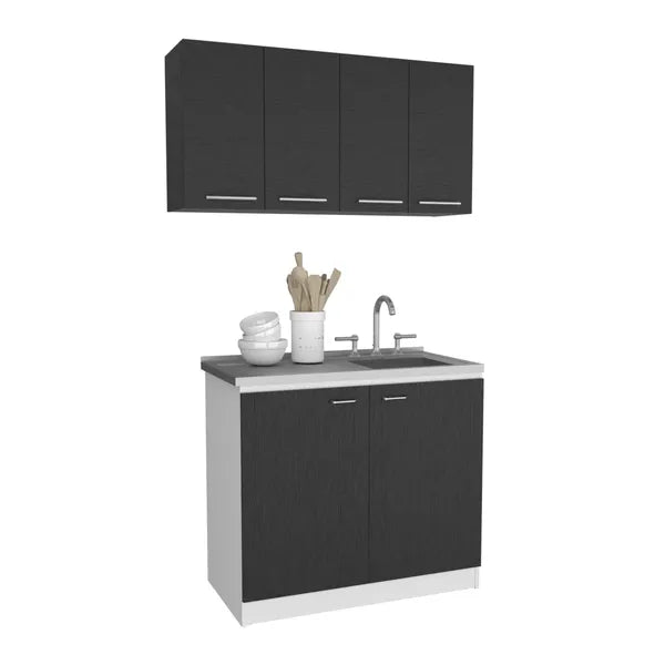 Aztec 2 Piece Kitchen Set, Wall Cabinet + Utility Sink Cabinet, Black / White