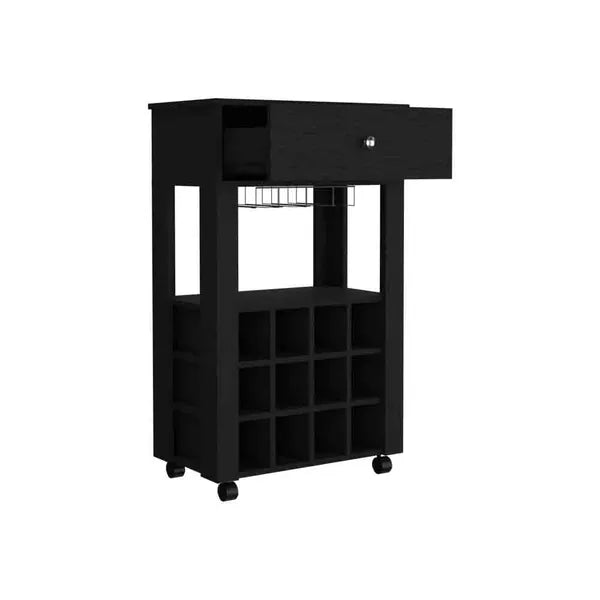 Bar Cart Bayamon, Twelve Wine Cubbies, Four Legs, Black Wengue Finish