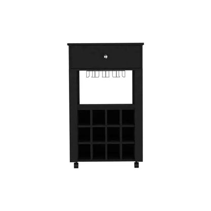 Bar Cart Bayamon, Twelve Wine Cubbies, Four Legs, Black Wengue Finish