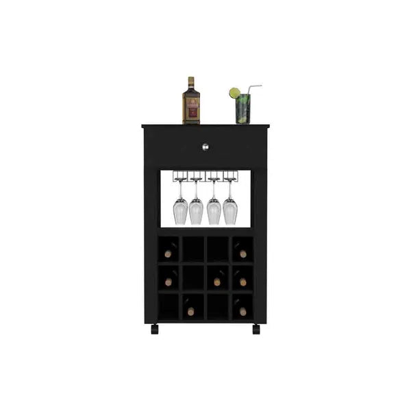 Bar Cart Bayamon, Twelve Wine Cubbies, Four Legs, Black Wengue Finish