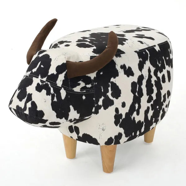 Black and White Velvet Cow-Shaped Ottoman, Cute Wood Foot Stool Shoes Changing Seat with Cushioned for Adult Living Room, Bedroom, Nursery Gameroom, Playroom, Porch Furniture