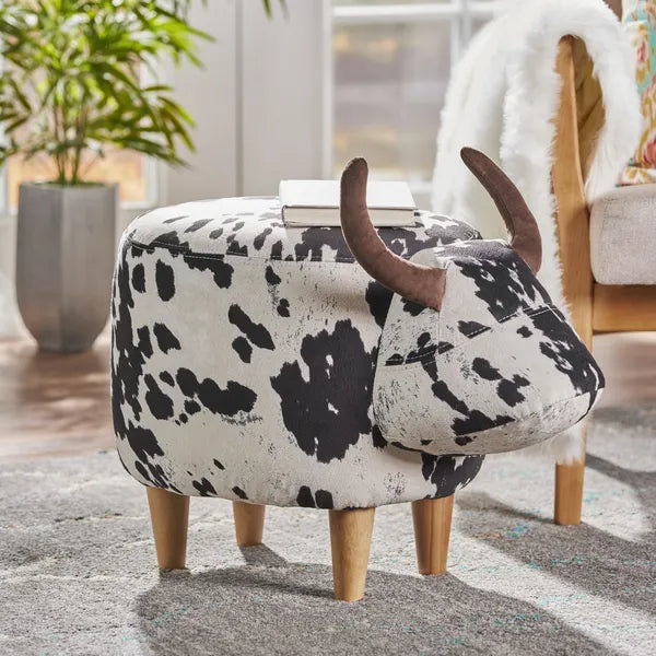 Black and White Velvet Cow-Shaped Ottoman, Cute Wood Foot Stool Shoes Changing Seat with Cushioned for Adult Living Room, Bedroom, Nursery Gameroom, Playroom, Porch Furniture