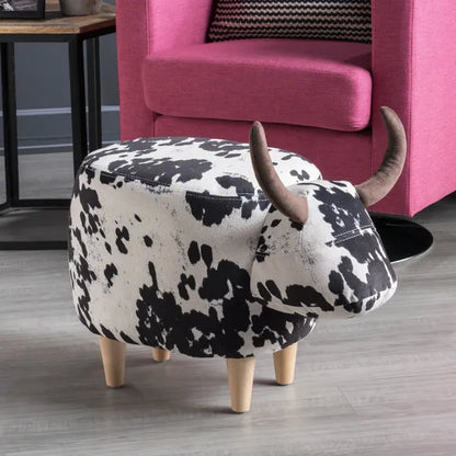 Black and White Velvet Cow-Shaped Ottoman, Cute Wood Foot Stool Shoes Changing Seat with Cushioned for Adult Living Room, Bedroom, Nursery Gameroom, Playroom, Porch Furniture