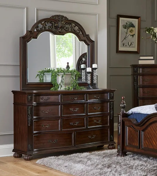 Classic Traditional 1pc Dresser of 11 Drawers Cherry Finish Formal Bedroom Furniture Carving Wood Design