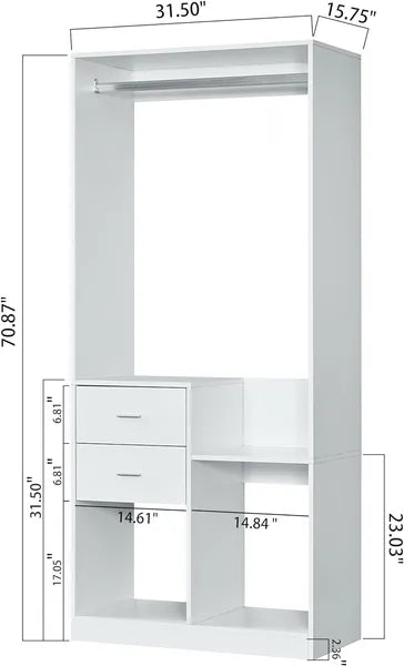 Closet Organizer System, Closet System with Drawers, Clothes Organizer with Closet Shelves Wall Mounted, White Wardrobe Closet with Clothing Racks for Hanging Clothes(32"W x 16"D x 71"H)