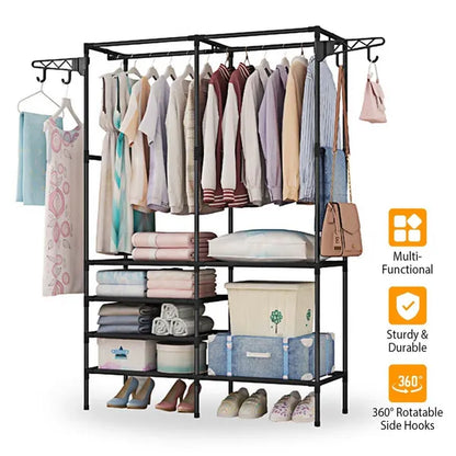 Clothing Rack Clothes Rack, 66'' Multifunctional Garment Rack for Hanging Clothes, 4 Tiers Portable Closet Rack with 4 Hooks & 2 Hanging Rods, Coated Metal Freestanding Closet Wardrobe System, Black