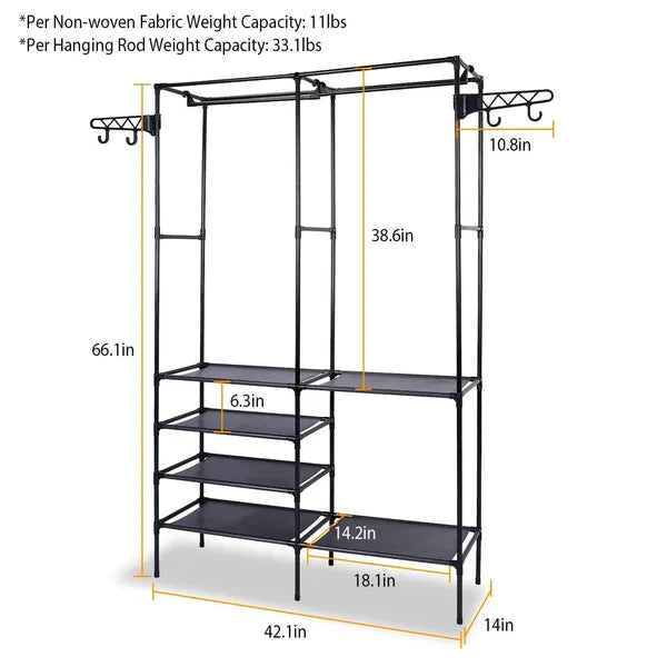 Clothing Rack Clothes Rack, 66'' Multifunctional Garment Rack for Hanging Clothes, 4 Tiers Portable Closet Rack with 4 Hooks & 2 Hanging Rods, Coated Metal Freestanding Closet Wardrobe System, Black