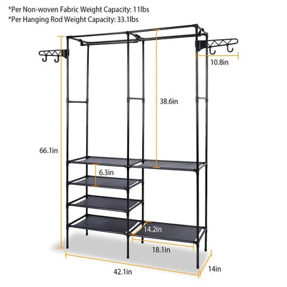 Clothing Rack Clothes Rack, 66'' Multifunctional Garment Rack for Hanging Clothes, 4 Tiers Portable Closet Rack with 4 Hooks & 2 Hanging Rods, Coated Metal Freestanding Closet Wardrobe System, Black