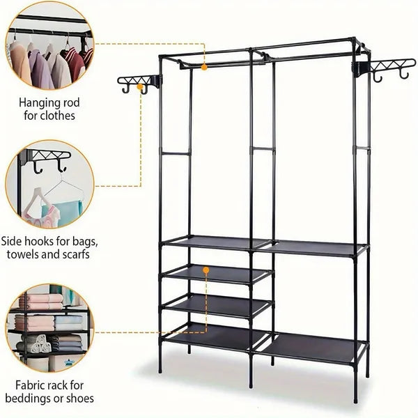 Clothing Rack Clothes Rack, 66'' Multifunctional Garment Rack for Hanging Clothes, 4 Tiers Portable Closet Rack with 4 Hooks & 2 Hanging Rods, Coated Metal Freestanding Closet Wardrobe System, Black