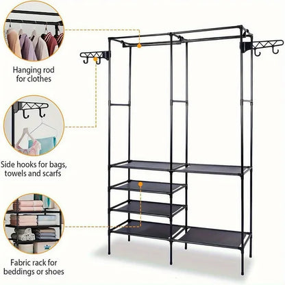 Clothing Rack Clothes Rack, 66'' Multifunctional Garment Rack for Hanging Clothes, 4 Tiers Portable Closet Rack with 4 Hooks & 2 Hanging Rods, Coated Metal Freestanding Closet Wardrobe System, Black