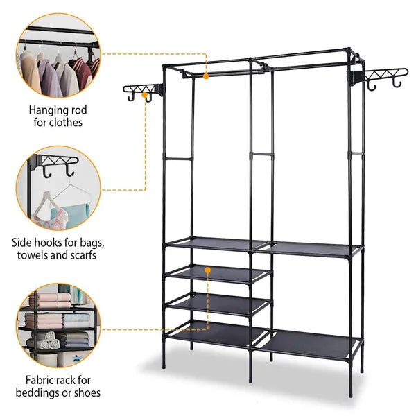 Clothing Rack Clothes Rack, 66'' Multifunctional Garment Rack for Hanging Clothes, 4 Tiers Portable Closet Rack with 4 Hooks & 2 Hanging Rods, Coated Metal Freestanding Closet Wardrobe System, Black