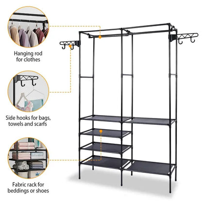 Clothing Rack Clothes Rack, 66'' Multifunctional Garment Rack for Hanging Clothes, 4 Tiers Portable Closet Rack with 4 Hooks & 2 Hanging Rods, Coated Metal Freestanding Closet Wardrobe System, Black