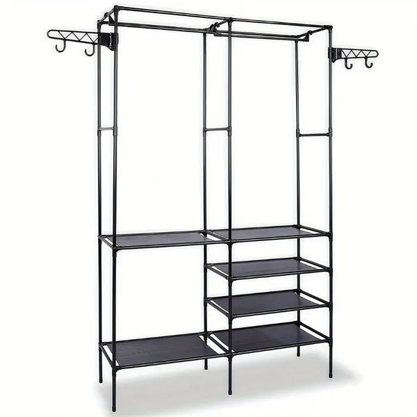 Clothing Rack Clothes Rack, 66'' Multifunctional Garment Rack for Hanging Clothes, 4 Tiers Portable Closet Rack with 4 Hooks & 2 Hanging Rods, Coated Metal Freestanding Closet Wardrobe System, Black